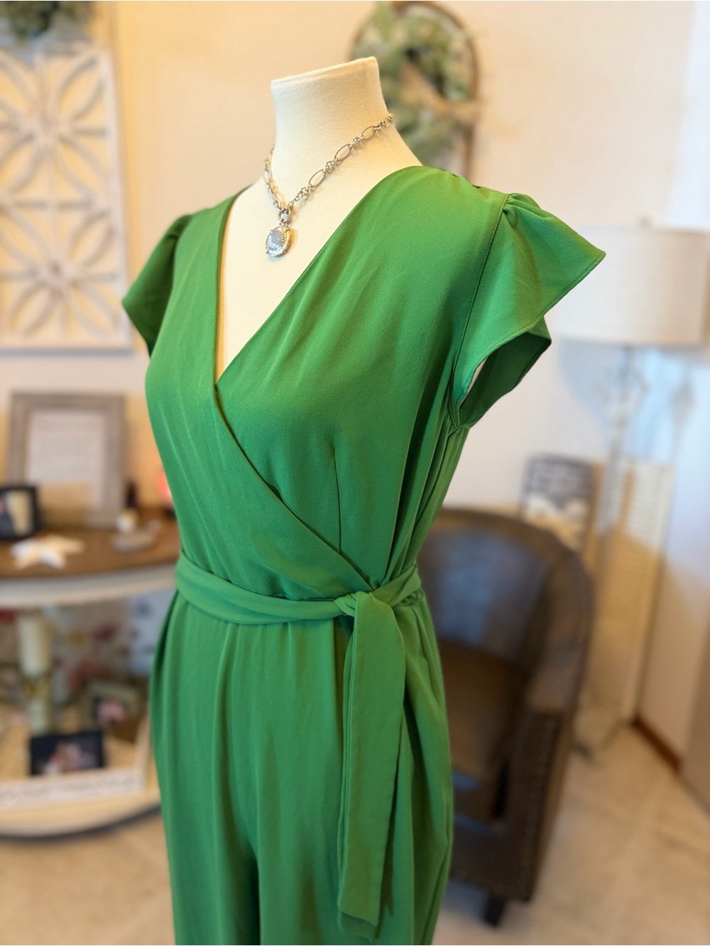 Anne Taylor Green Wrap-Front Wide-Leg Jumpsuit - Picture 2 of 11